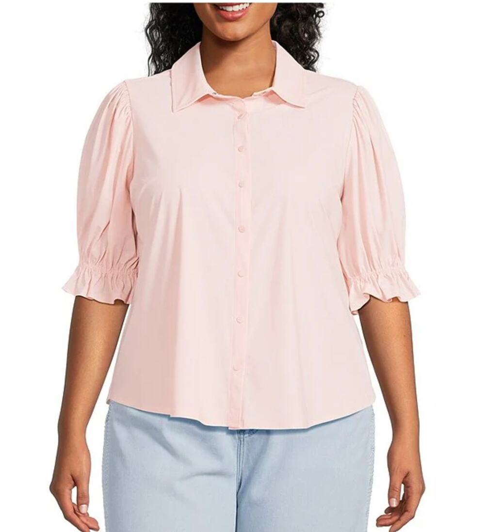 Liverpool Tech Knit Point Collar Shirt L Puff Ruffle Cuff Button Blouse Prep